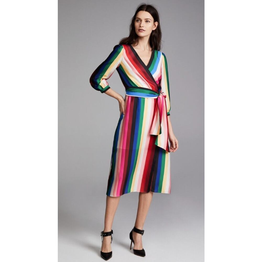 Alice + Olivia Dyanna Rainbow Striped Deep V Neck Wrap Dress Size 6